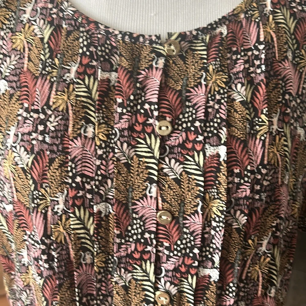 Ann Taylor LOFT Paradise Lost Jungle Safari Dress Pintuck Size Large Brown Pink - Picture 7 of 13